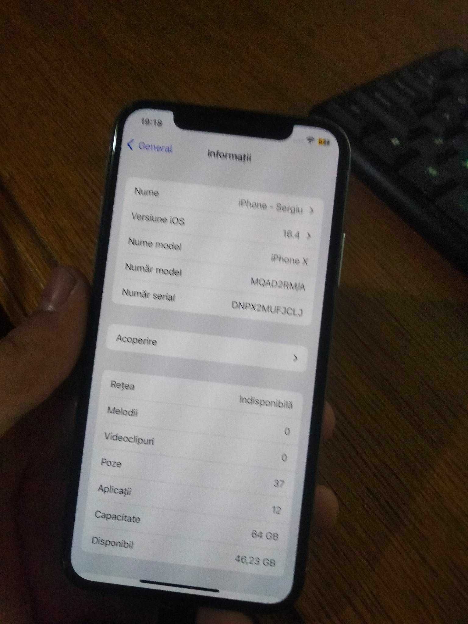 Iphone x white 64 GB ,sanatate baterie 100% ,face id functional