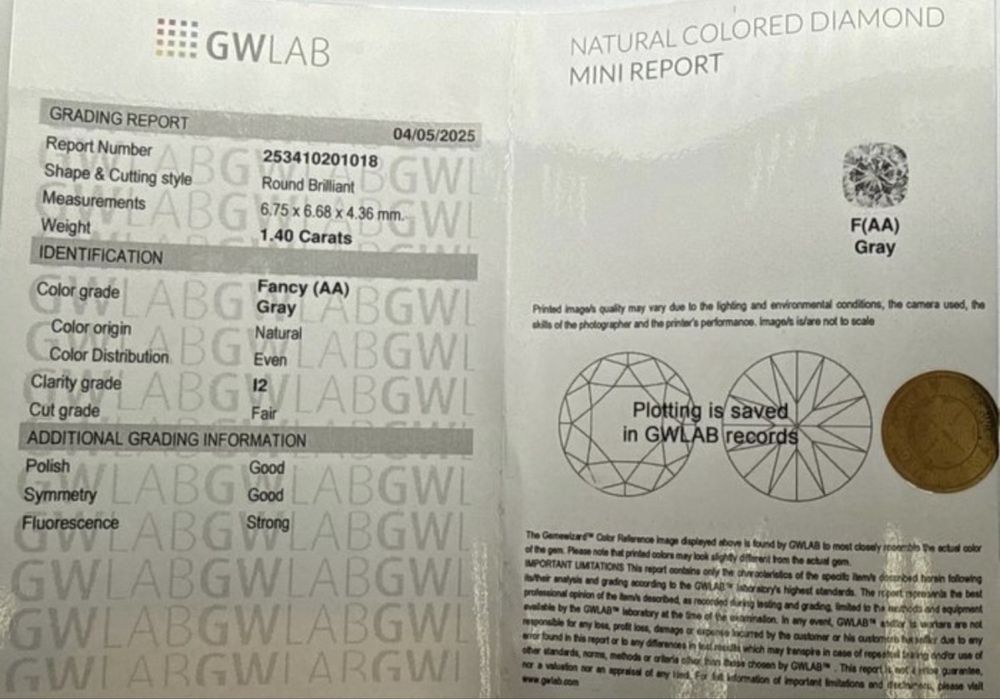 Fancy Gray Diamond 1.40 ct – натурален цветен диамант с сертификат