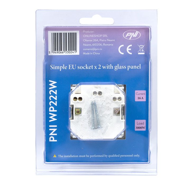 Priza simpla x2 incastrabila PNI WP222W cu rama din sticla culoare alb