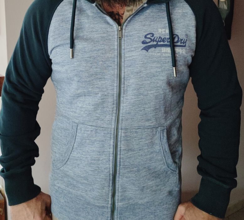 Оригиналени суитчъри якта худи Супердрай Superdry качулка цип Хл/Л