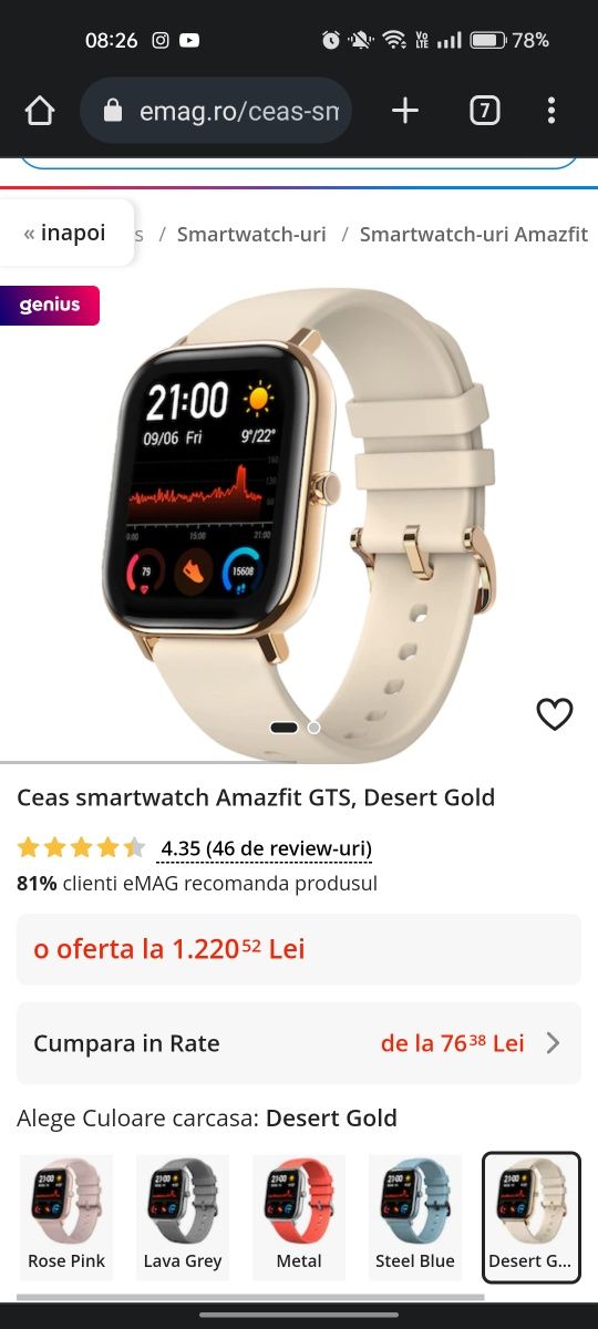 Smartwatch amazfit desert gold