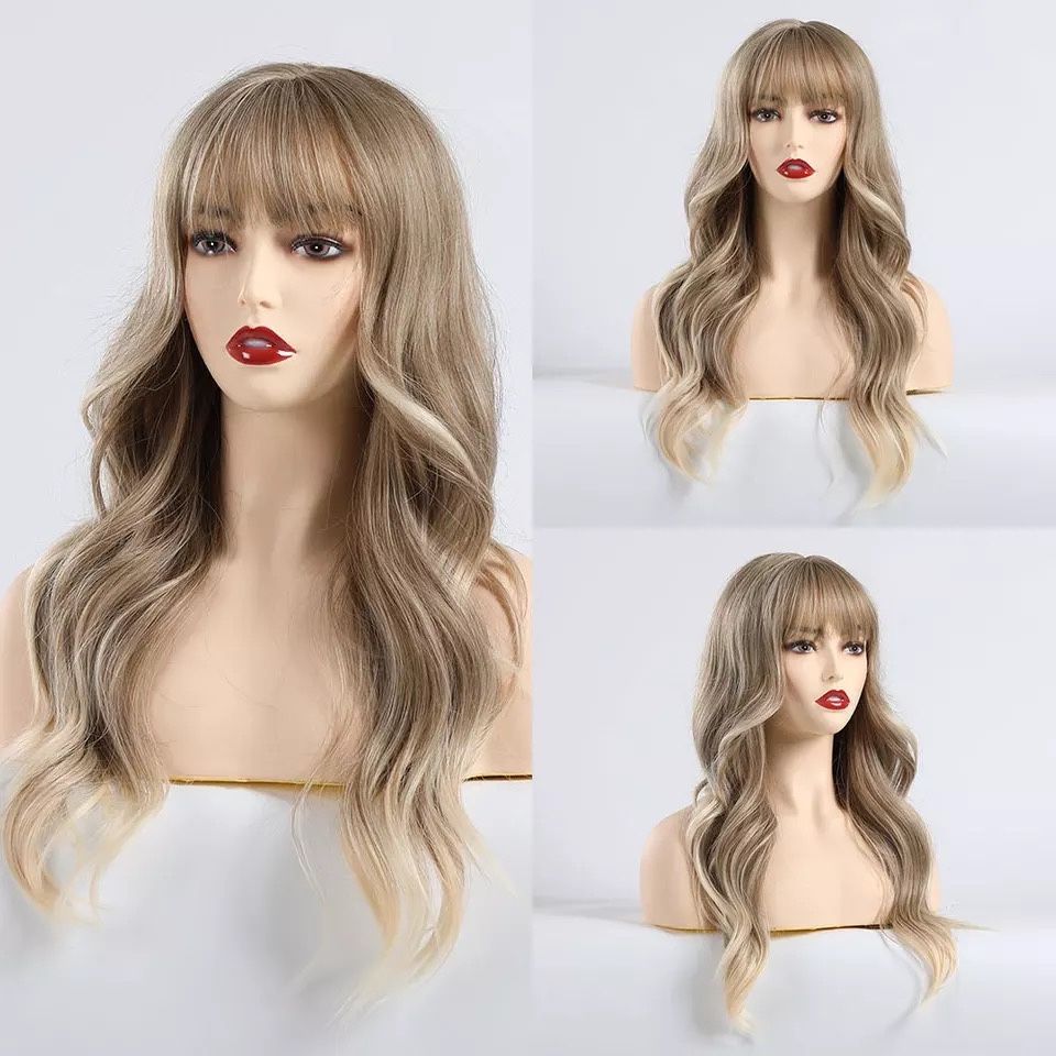 Peruca T16 blonda breton blond platinat gri silver suvite ondulata