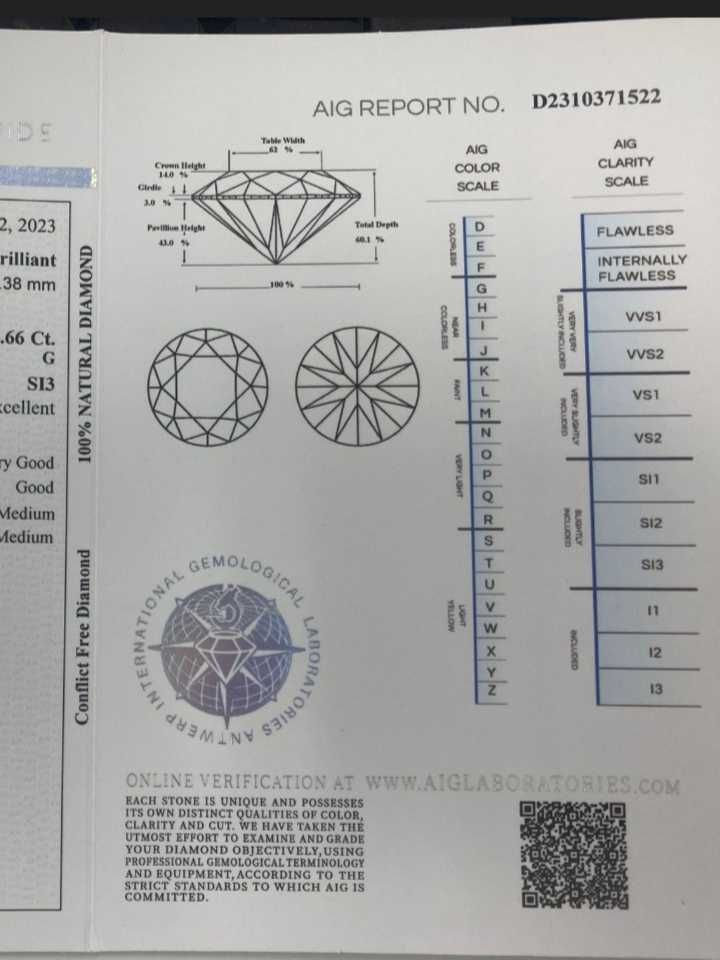 Диамант 0,66ct. AIG Цвят G