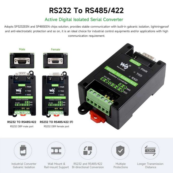 Convertor digital izolat  RS232 la RS485/422 – Port masculin DB9