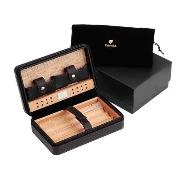 Кедров кожен Хумидор - кутия за пури място за запалка, резец и пури