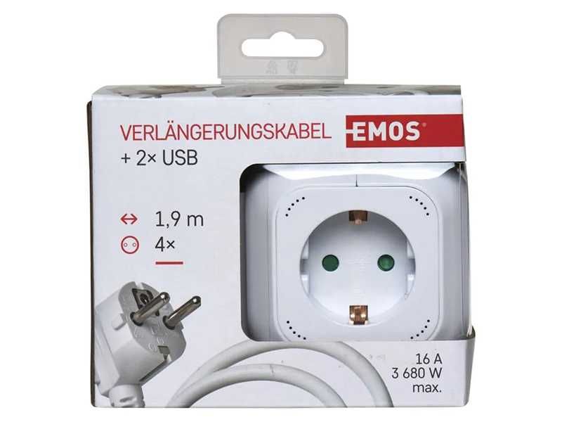 НОВИ! Разклонител куб Emos 4 гнезда 2xUSB 3680W 16A 1.9м с държач