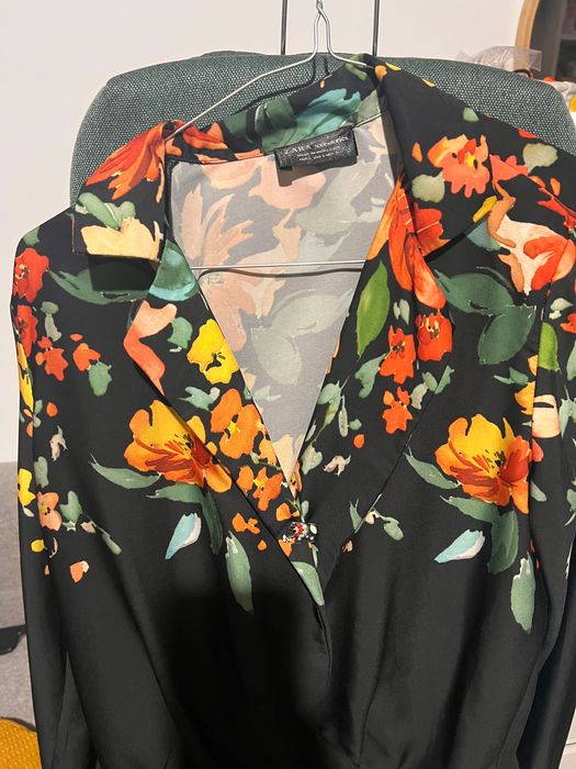 Body zara negru cu flori stil cămașă S