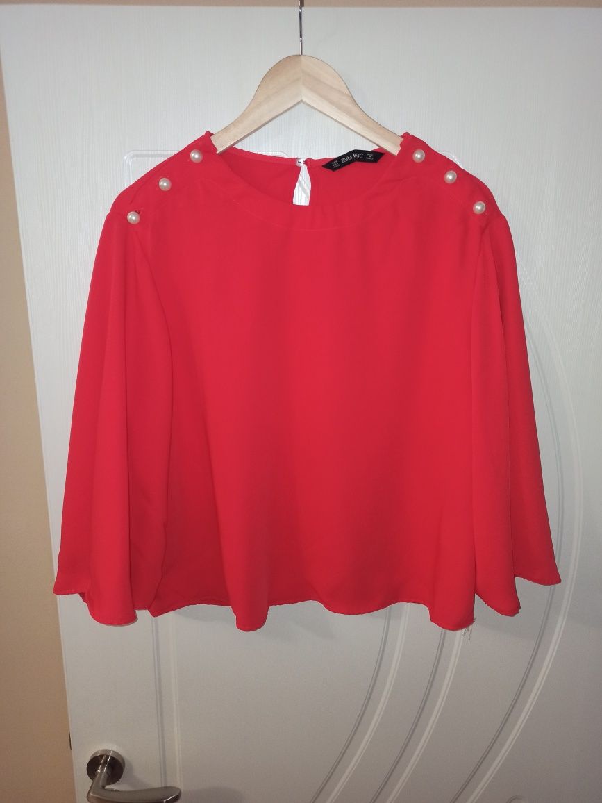Червена риза Zara Basic с перлени копчета
