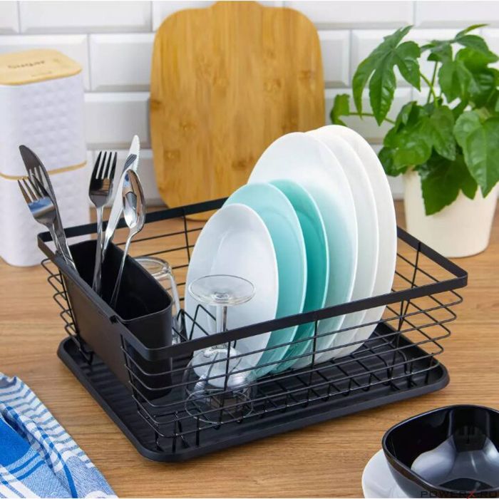 Suport pentru vase din otel si plastic, cu tavita, negru