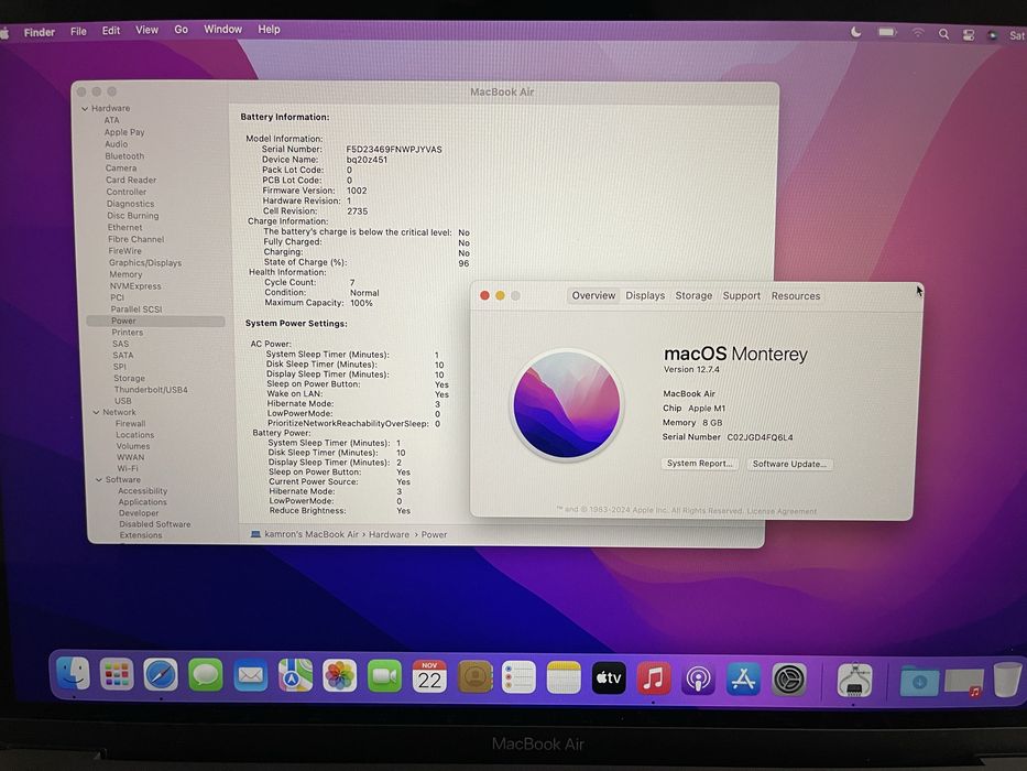 Macbook Air M1 2020 8/256  7 sikl 100 yomkost