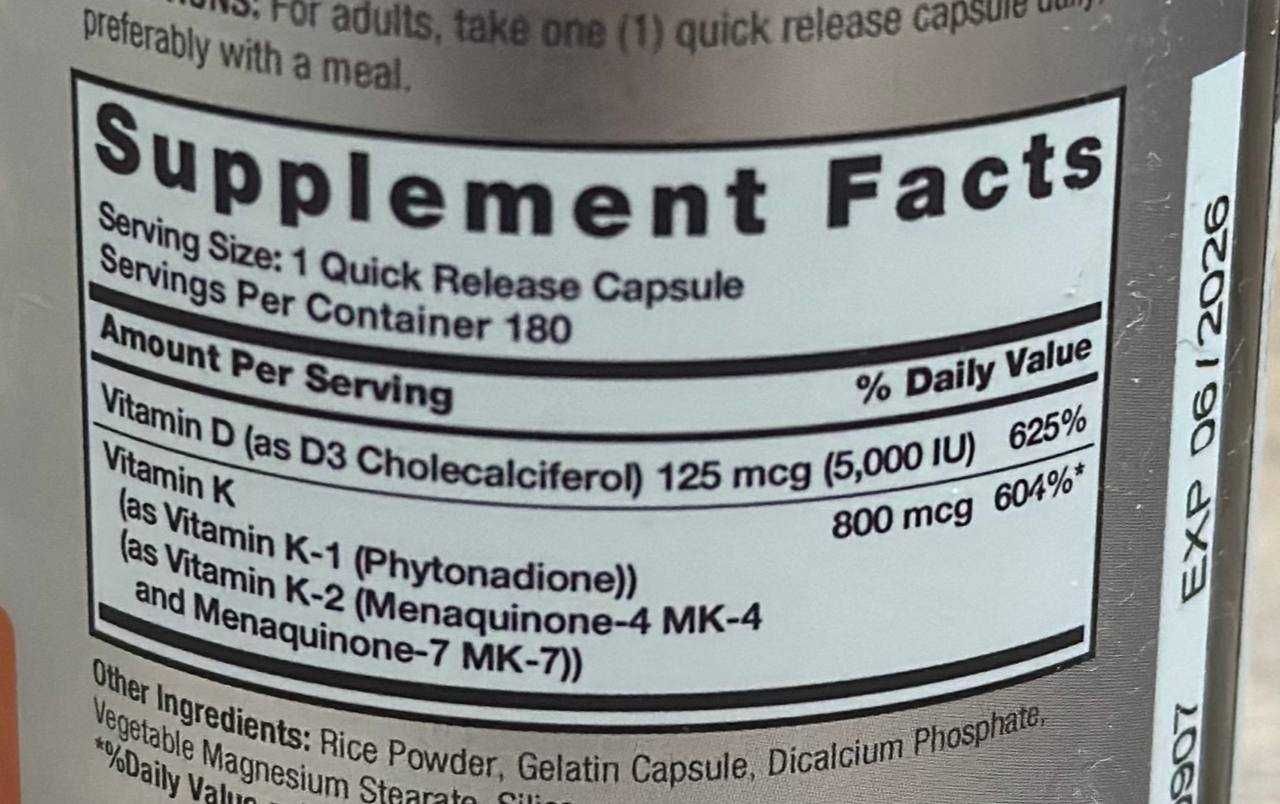 Витамин D3 (5000 IU)+ К2 (800 mcg)- 180 капсул из Америки