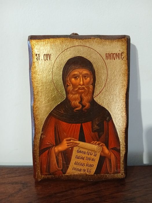 Pictura pe lemn lucrata cu foita aurita "Sfantul Antonie"de la Ghighiu