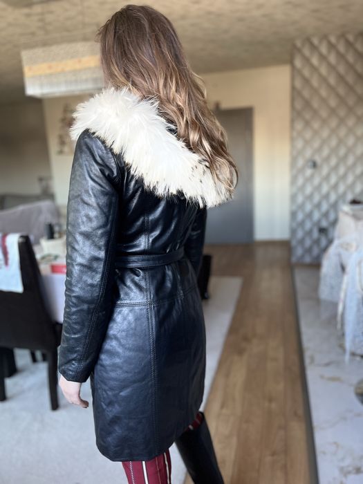 Rockeds черно кожено яке дълго палто С качулка с лисица