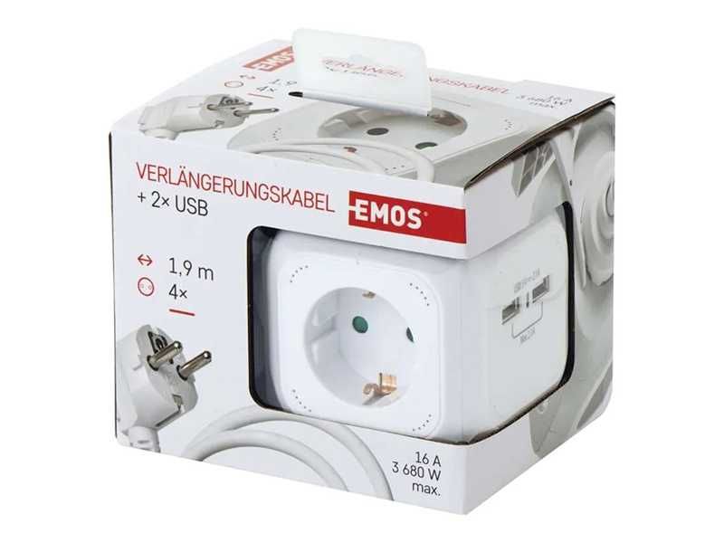НОВИ! Разклонител куб Emos 4 гнезда 2xUSB 3680W 16A 1.9м с държач
