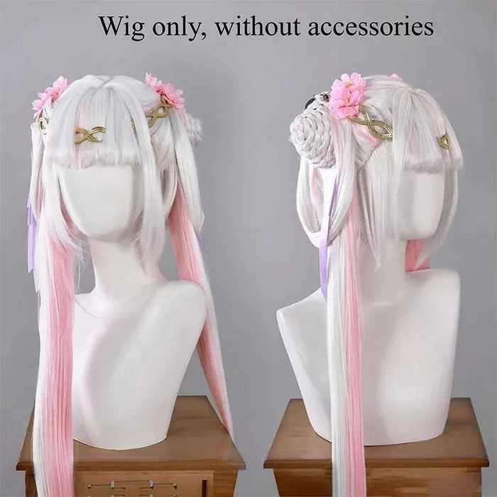 Висококачествена аниме перука бяло и розово с подвижни опашки