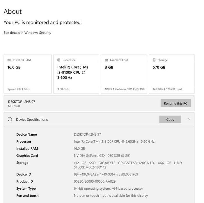PC Gaming i3 9100f , 16gb , video GTX 1060 ,