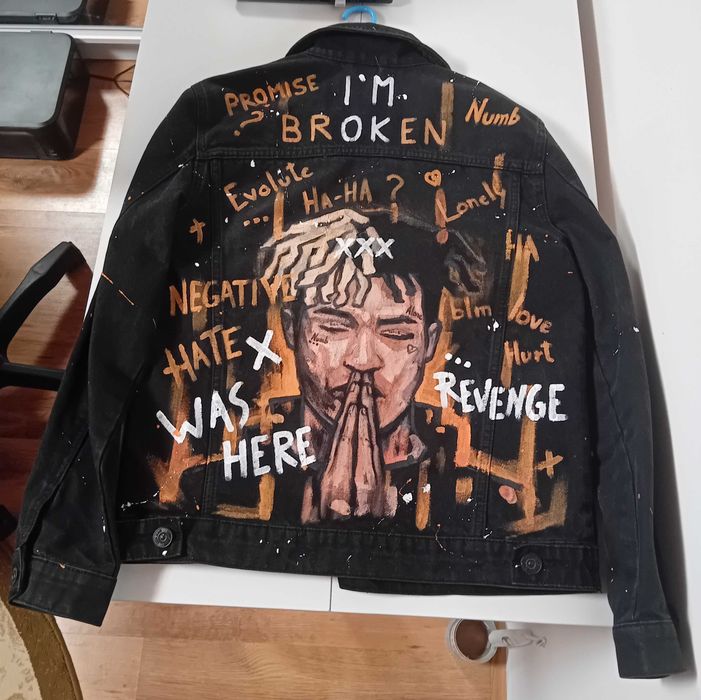 Jachetă denim neagră – pictată manual, mărimea S