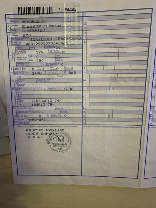 Remorcă 750 kg cu acte
