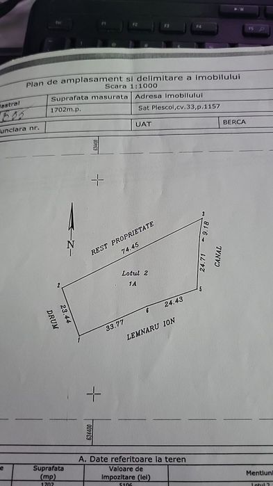 De vanzare teren 1700mp sat Plescoi, com Berca