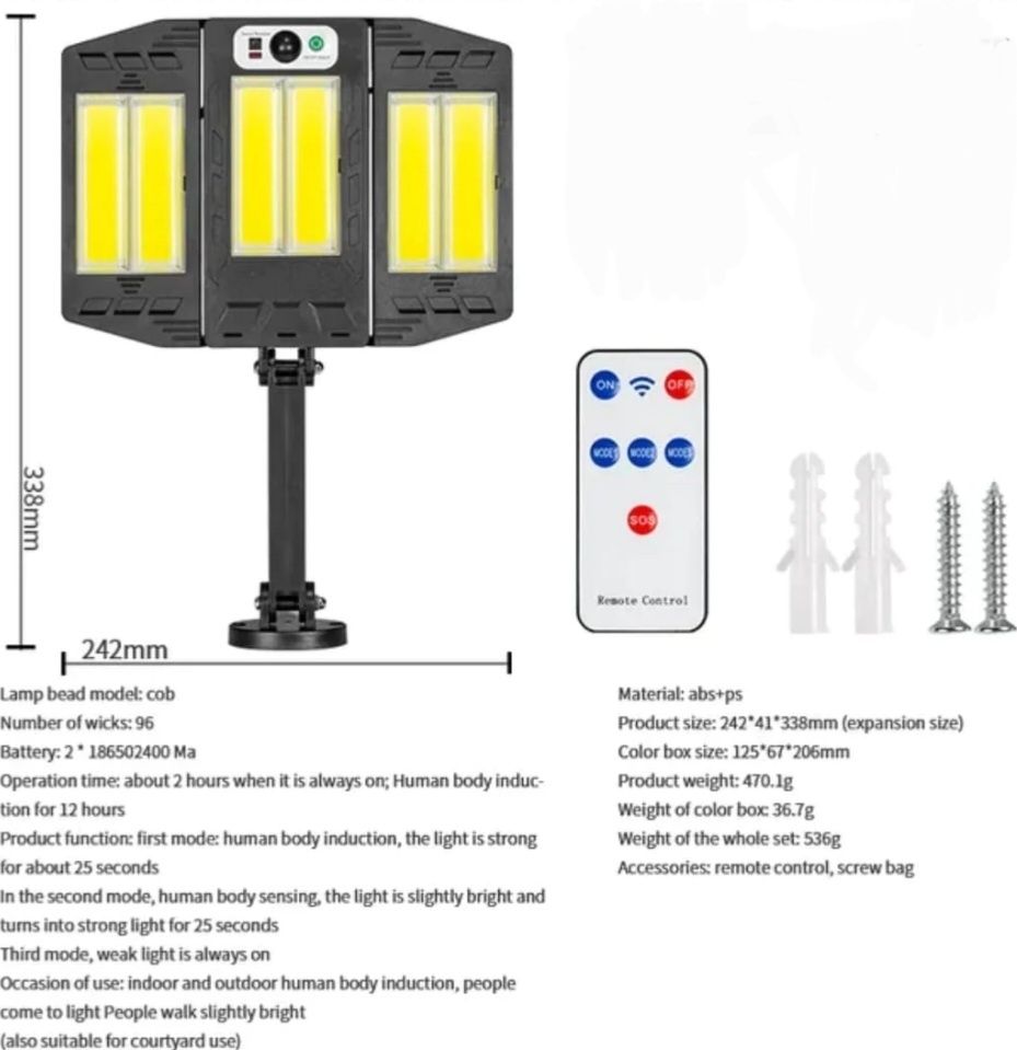 Lampa solara stradala tripla led cob 100watt IP 65 cu suport prindere