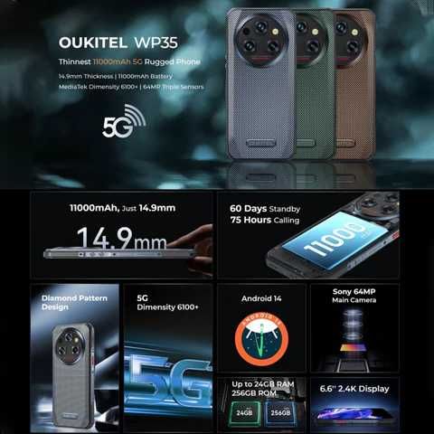 Oukitel WP35 5G, 6.6" екран,8GB RAM 256GB ROM с IP68 защита, 11000 mAh