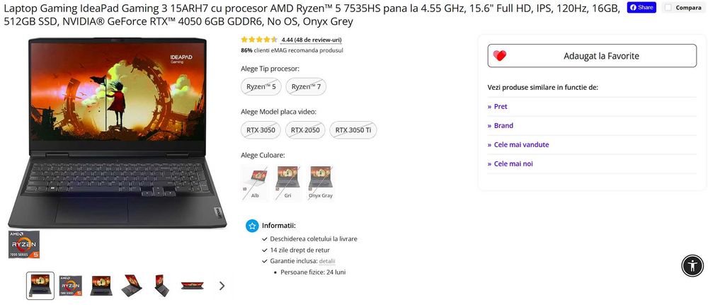 Laptop Lenovo IdeaPad Gaming 3 15ARH7 cu procesor AMD Ryzen™ 5 7535HS