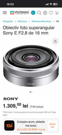 Sony 16 mm f2.8 foarte mic si usor penteu video