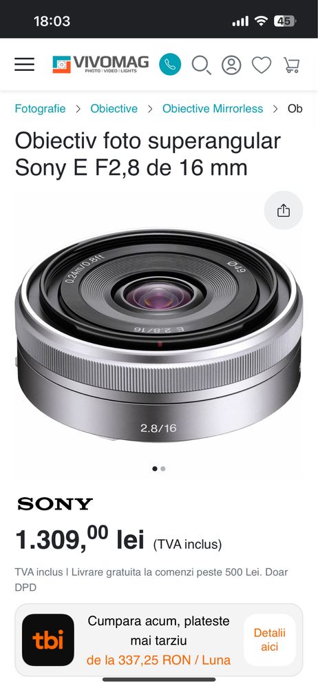 Sony 16 mm f2.8 foarte mic si usor penteu video