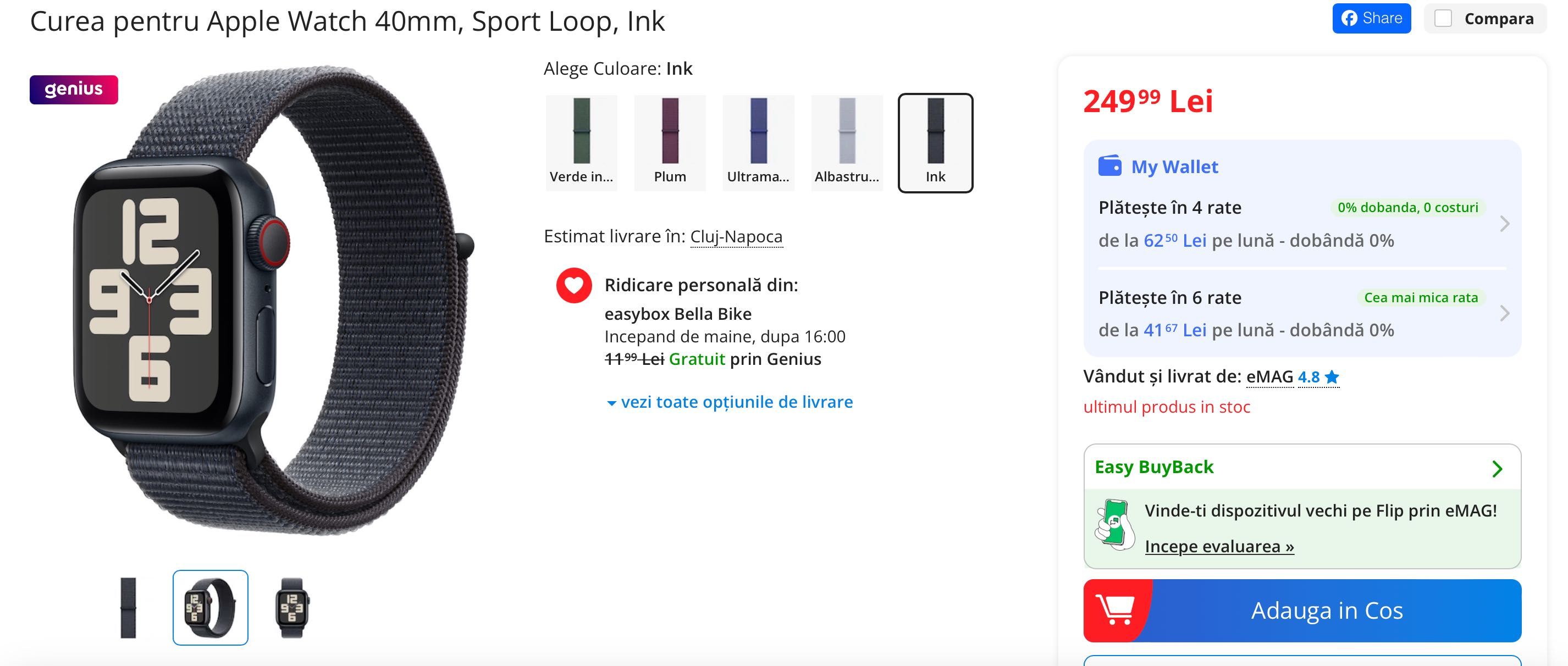 Curea Apple Watch Sport Loop culoare Midnight 41mm NOUA SIGILATA