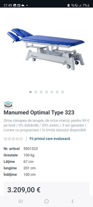 Pat/masă masaj, kinetoterapie profesional MANUMED OPTIMAL  323 elect