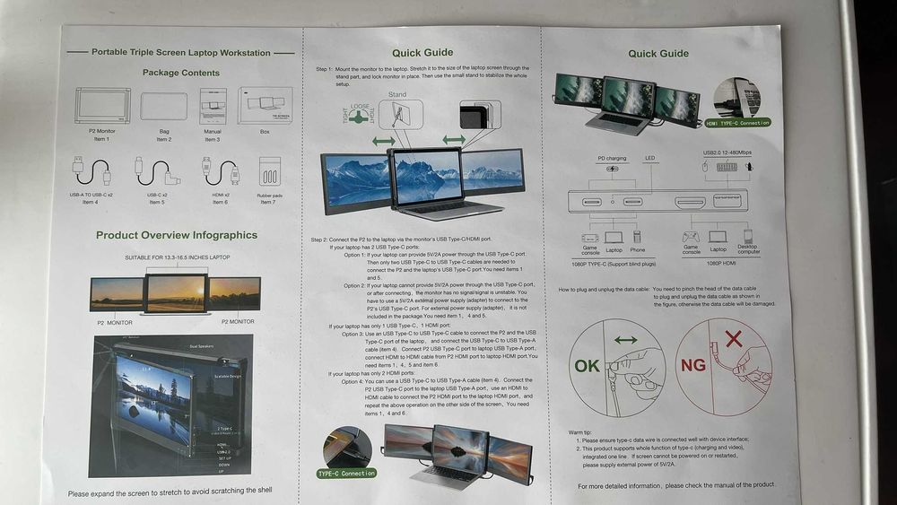Dual PC phone Laptop screen extender 12" FullHD type-C HDMI