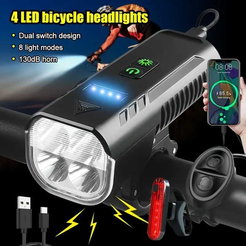 4-LED лампа за велосипед + клаксон и батериен индикатор