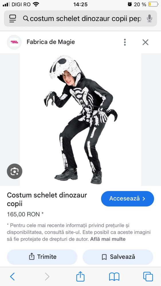 Costum schelet dinozaur copii 3-4 ani