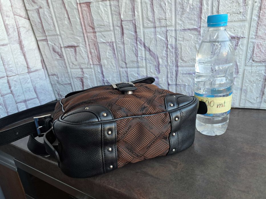 мъжка чанта,Longchamp малка текстилна кафява чанта-естествена кожа
