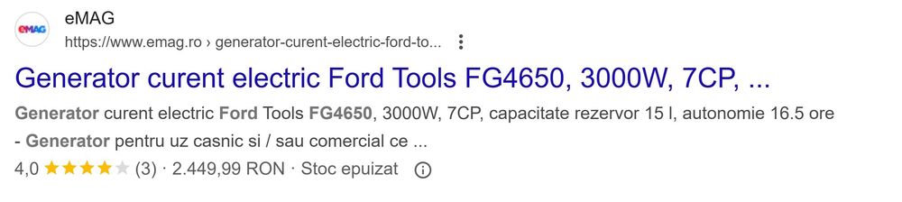 Generator curent electric Ford Tools FG4650P, 3800W, 7CP