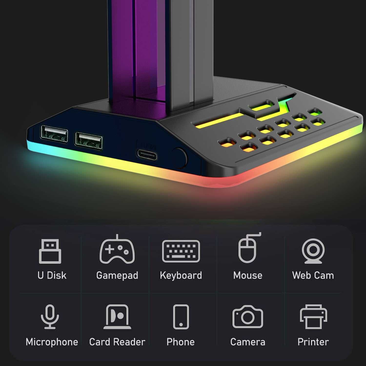 Suport casti gaming, Iluminare RGB, Design Premium, Negru