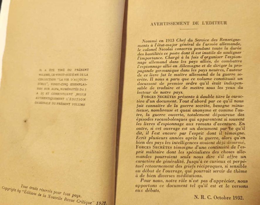 Carte document Colonel Nicolai - Forces Secretes (Geheime Machte) 1932