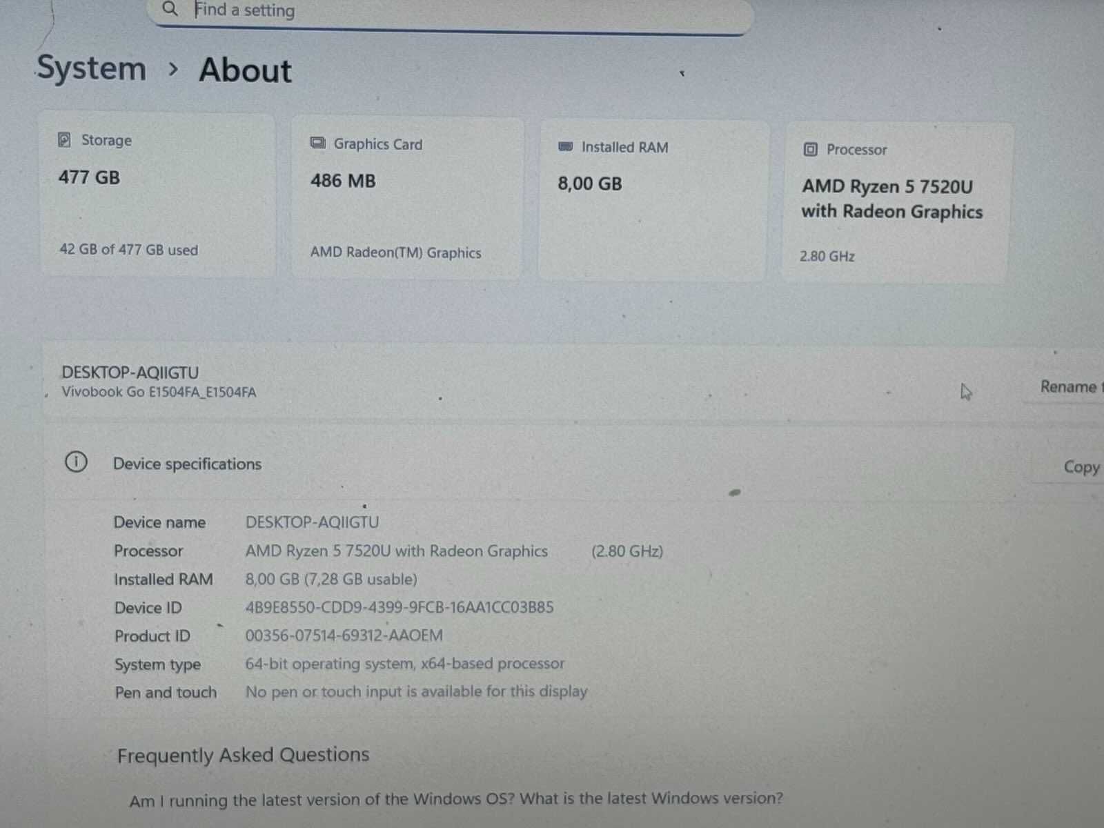 ASUS Vivobook Go 15 Ryzen 5 7gen/8RAM/512GB SSD/Radeon отличен