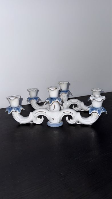 Suport lumanari din portelan albastru / stesnic vintage