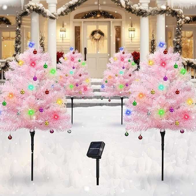 Соларни коледни елхички в розово с многоцветни LED лампички 70см