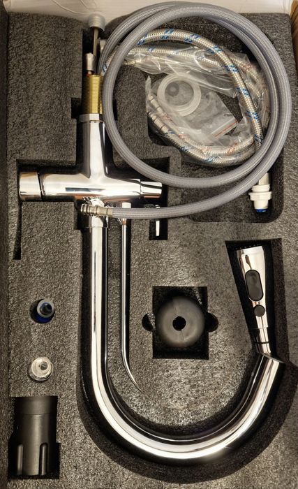 Baterie de bucatarie cu 3 cai, inox lucios, cu 2 functii de curgere