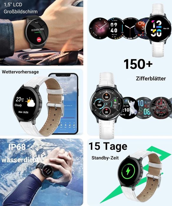 Смарт часовник с 1.5" HD дисплей, Bluetooth разговори, кожена каишка