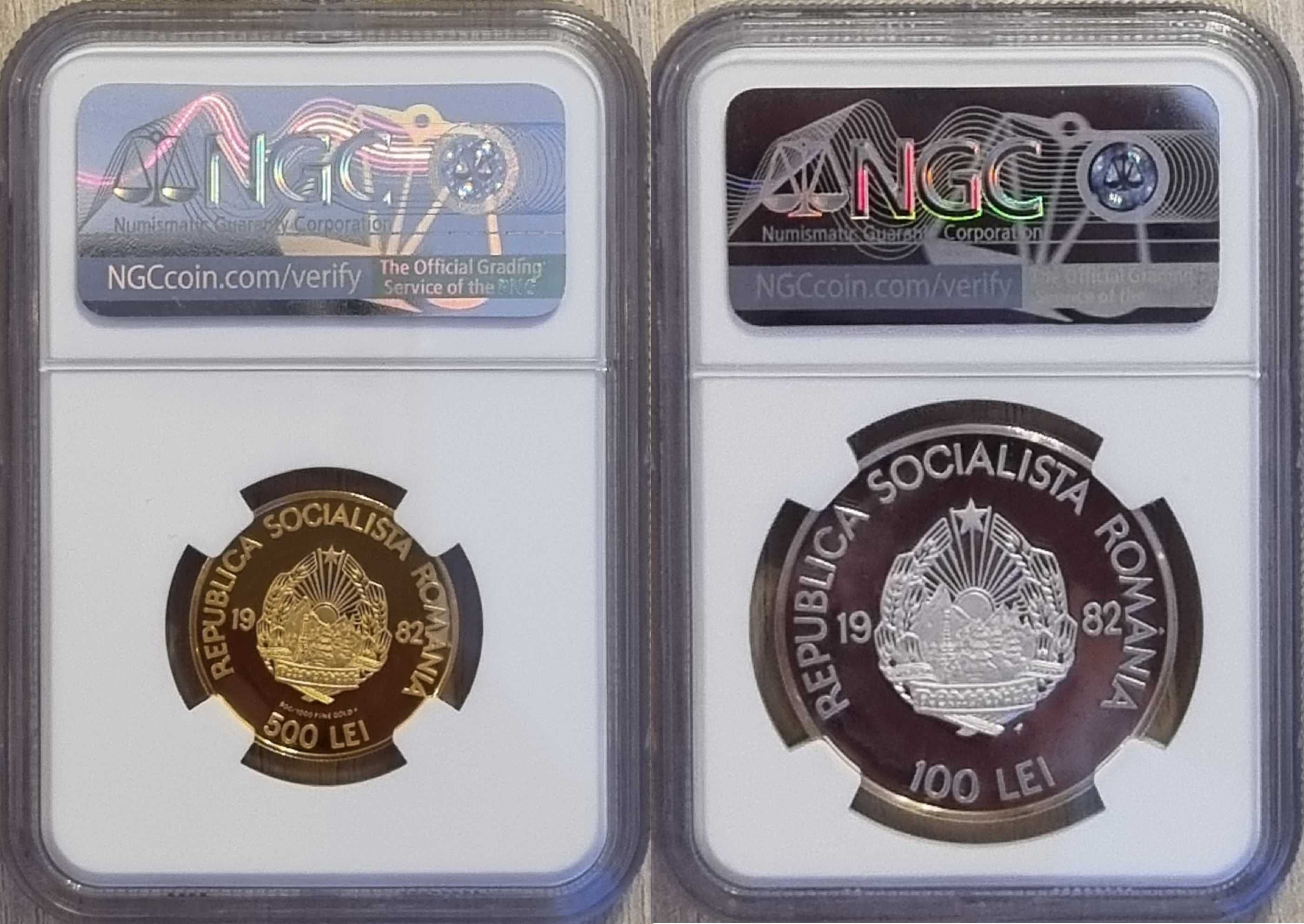 Set Staul Dac 1982: 500 lei aur, 100 lei argint gradate NGC PF 69 67