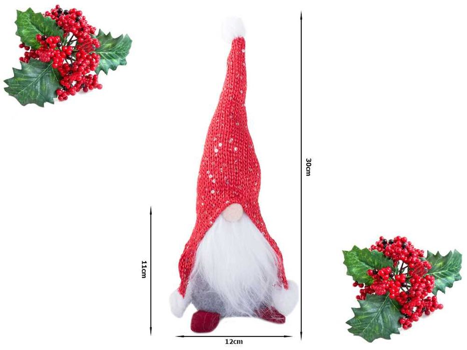 Decoratiune craciun gnom cu palarie si barba lunga 30 cm rosu-gri