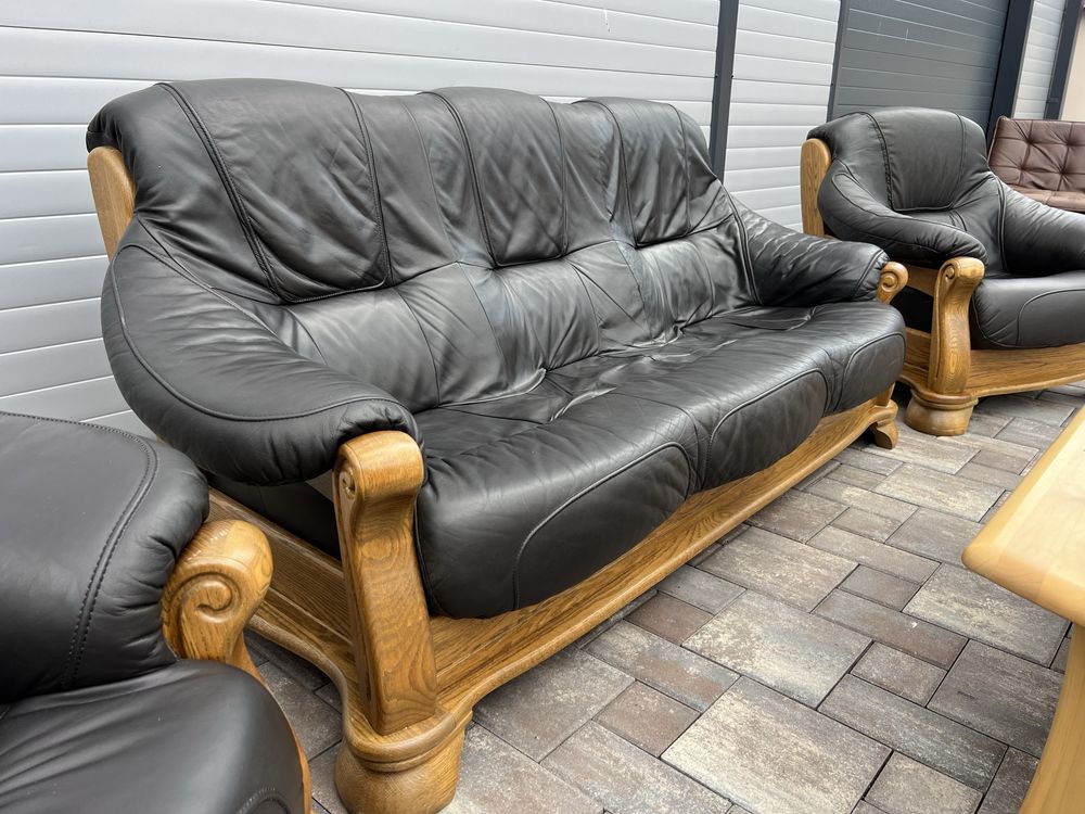 Set canapea canapele 3 - 1 - 1 Lemn Masiv + PIELE Naturala Rustic