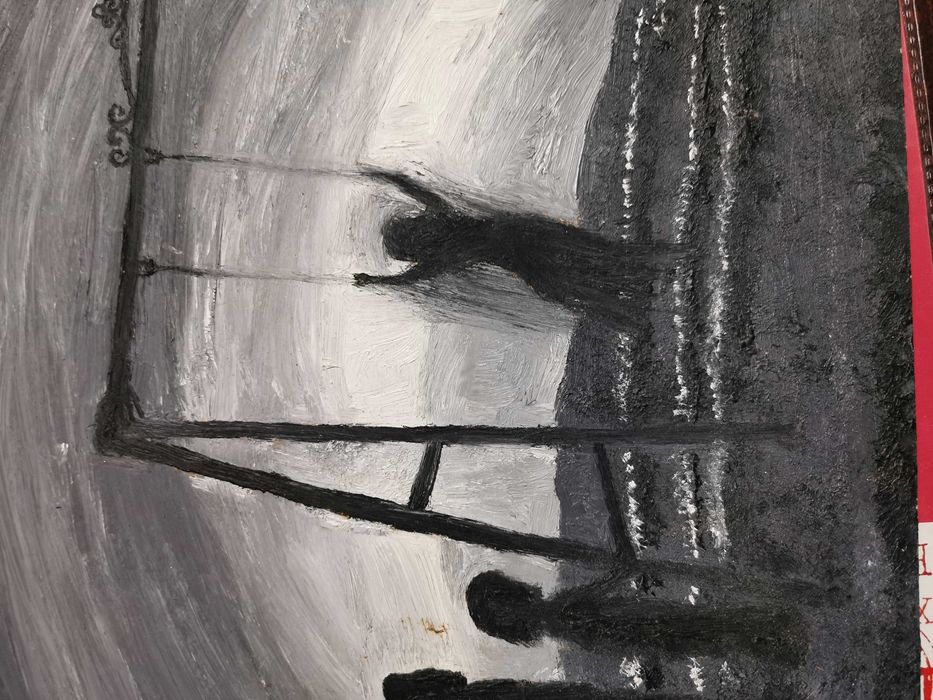 Tablou original ulei pe lemn, alb-negru, Fantome în parc