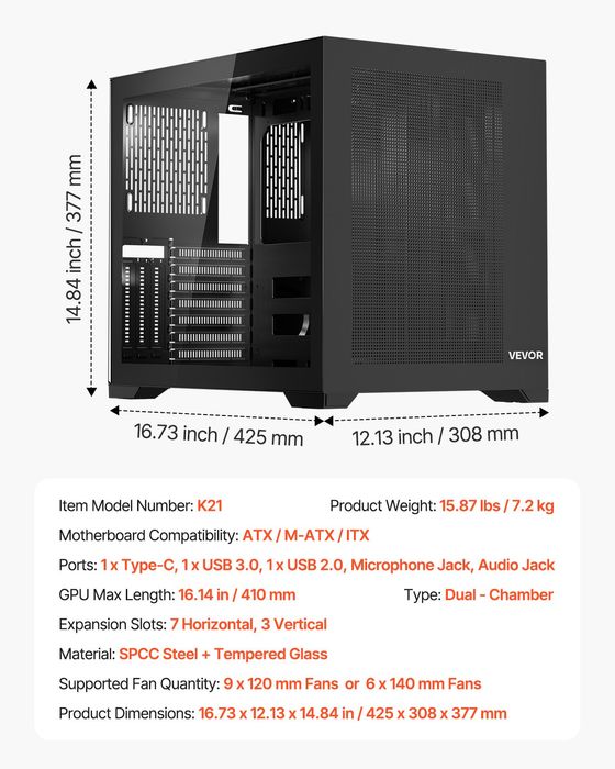 Carcasa PC Gaming,Dual Chamber,Panouri Sticla,410mm GPU