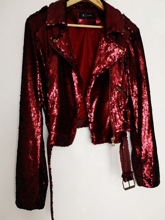 Geaca Rosie tip Biker cu paiete rosii masura L