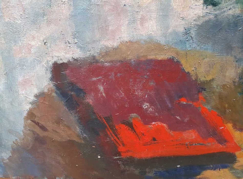 Tablou vechi - flori si carte - semnat St. Popescu