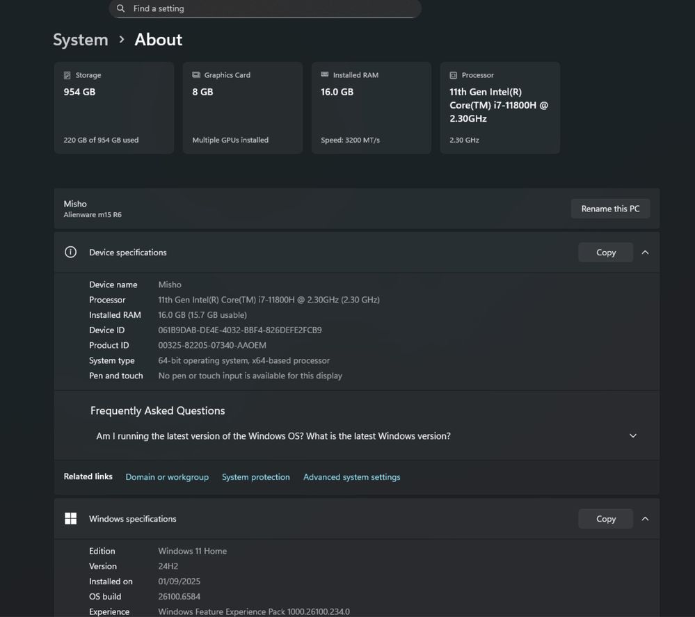 Alienware M15 R6 - 16 RAM, 3070-8GB, 1TB SSD, i7 11800, 165 Hz